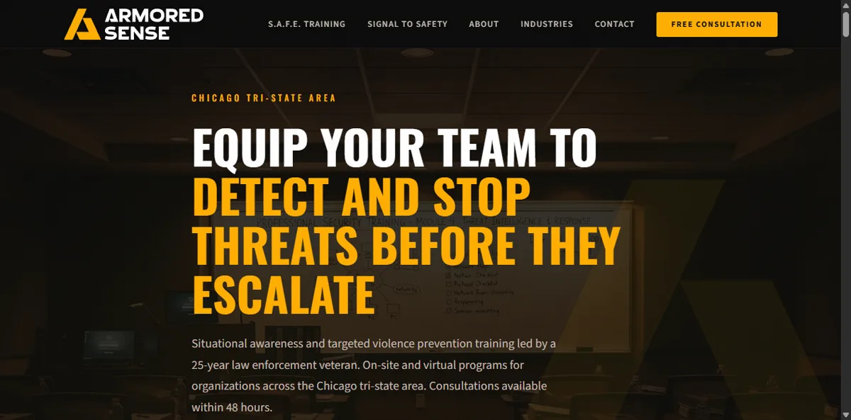 Armored Sense rebuilt homepage hero - dark theme with amber accents and command presence