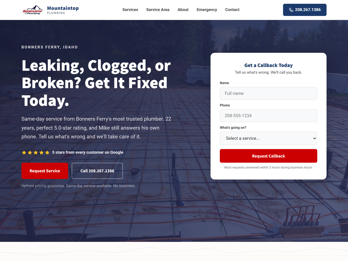 Mountaintop Plumbing new Pressure Built website - hero section