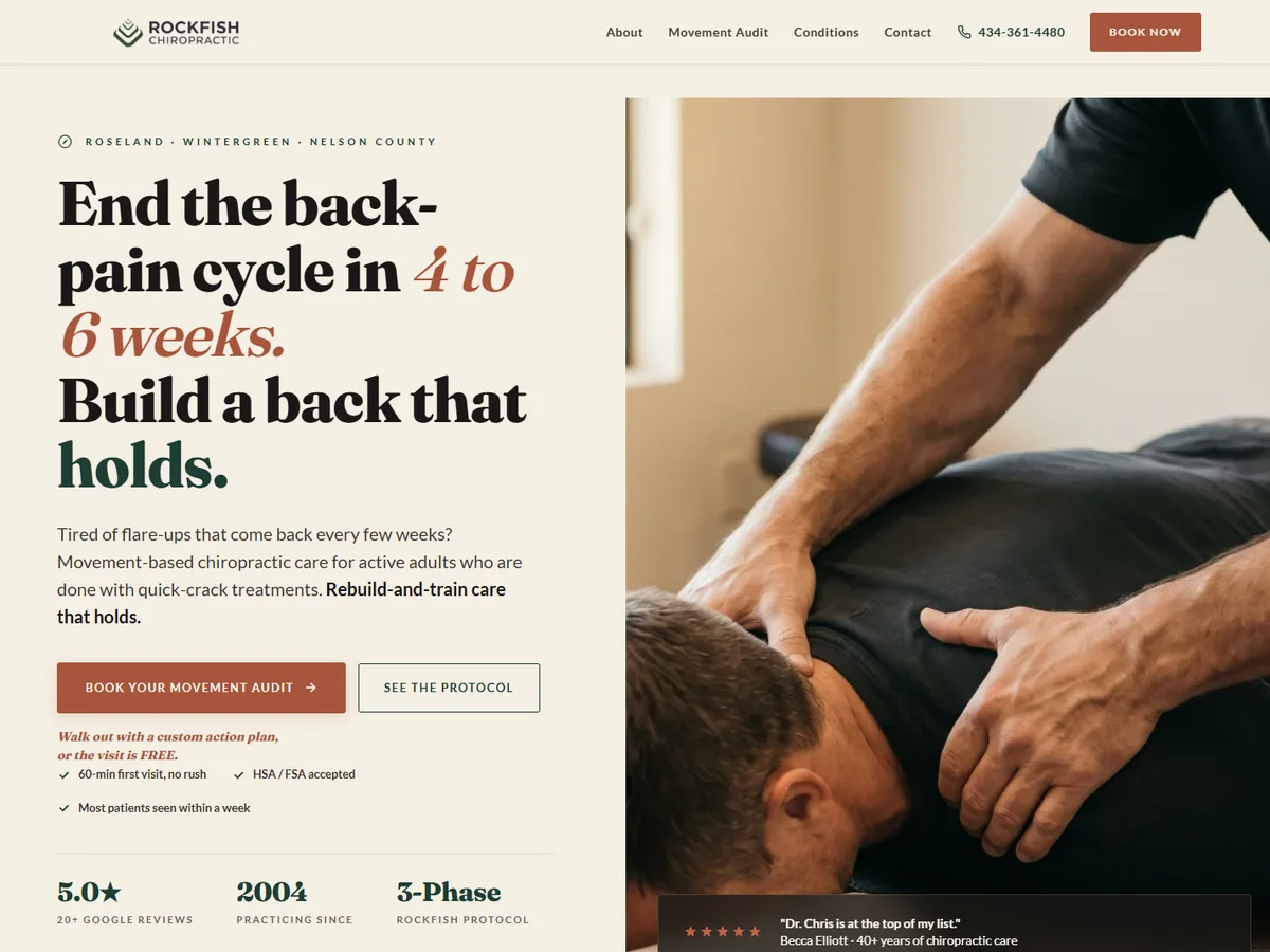 Rockfish Chiropractic new Pressure Built homepage with forest green branding, real photos, and movement-based positioning