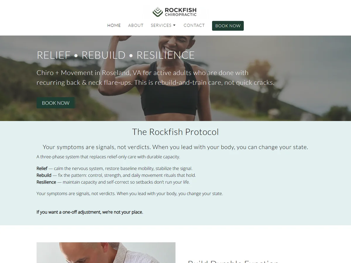 Rockfish Chiropractic old Jane Websites homepage with stock yoga photo and generic Relief Rebuild Resilience tagline