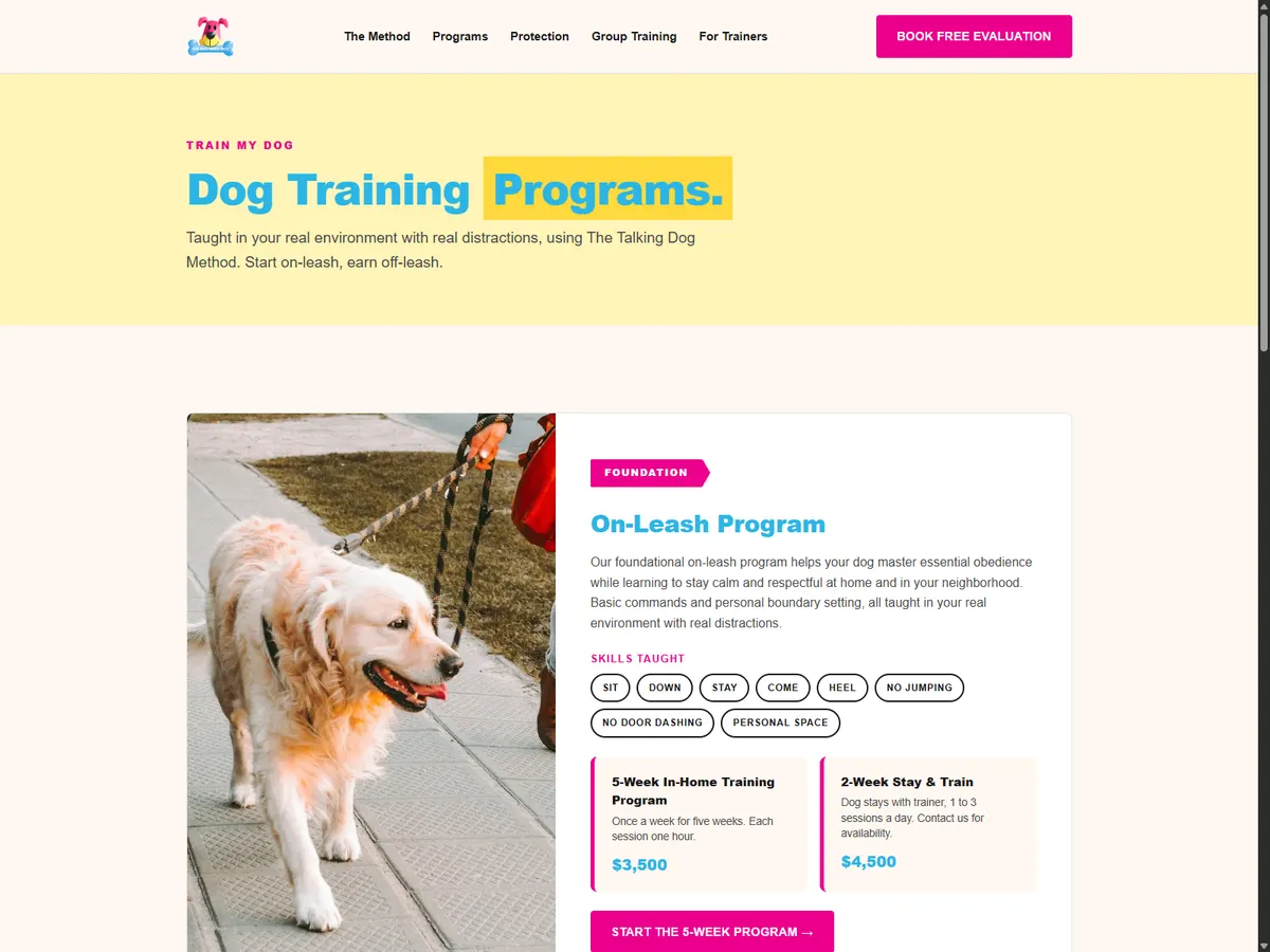 Your Dog's Favorite Uncle new site - programs page with clear pricing and skills